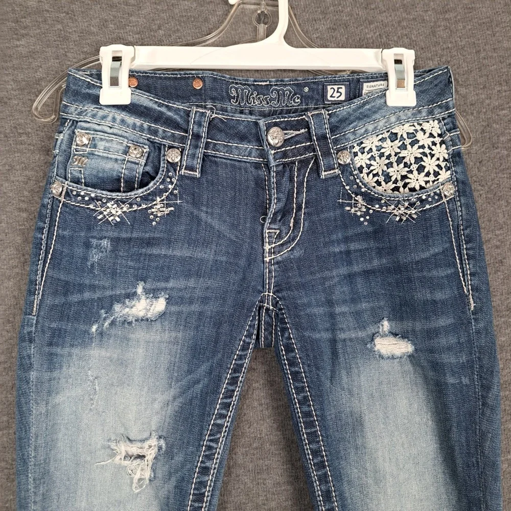Miss Me Signature Cuffed Skinny Crochet Rhinestone Distressed Jeans Women's 25